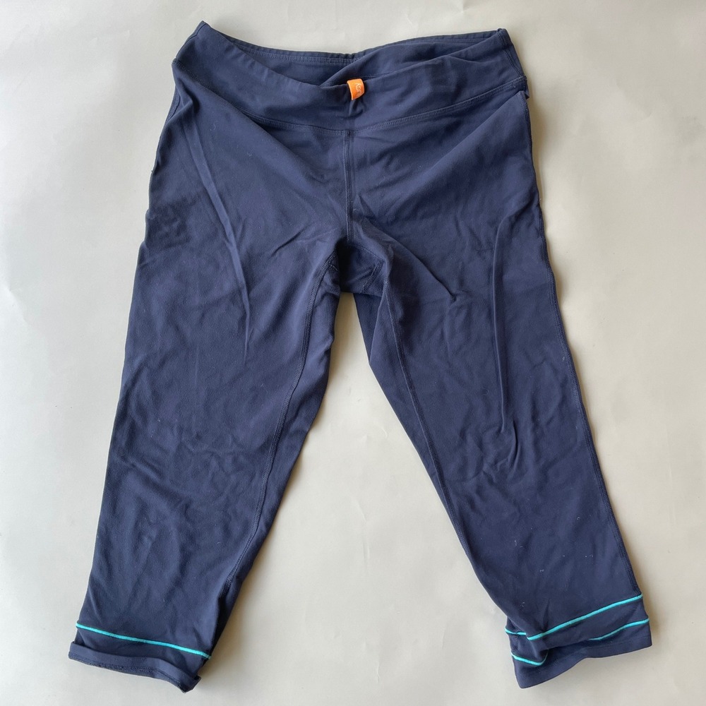 Lucy Womens Navy Blue Cropped Yoga Leggings Teal Stripe Capri Pants Size M